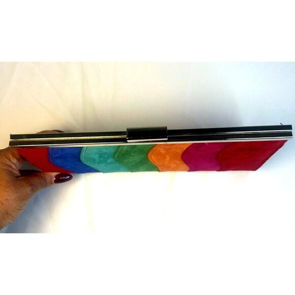Rainbow Wave-Striped Shoulder Clutch Purse Handbag Multi Color Suede - Picture 2 of 5